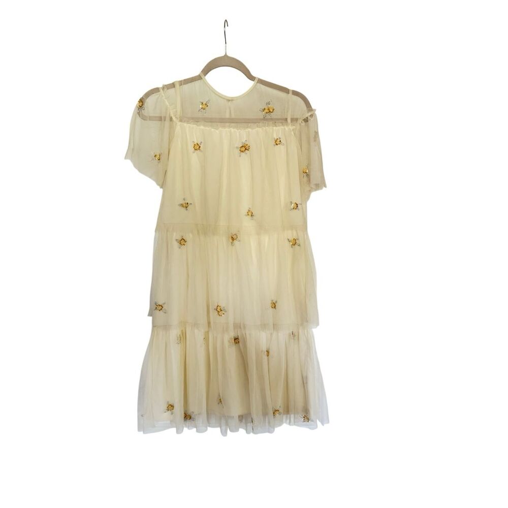 Zara Girls Cream Embroidered Beaded Floral Ruffle Tiered Formal Dress Size 11-12